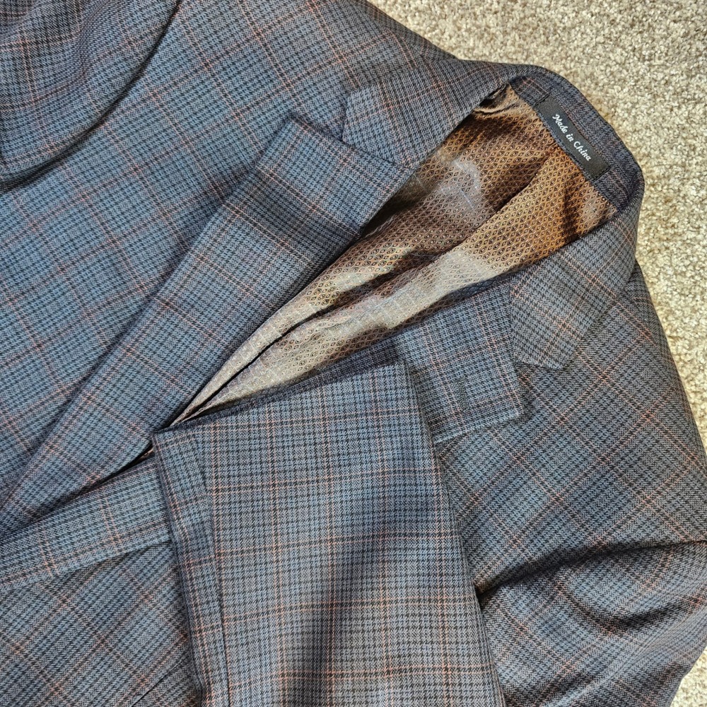 Jean Paul Germain Mens 40L Wool Plaid Sport Coat Blazer Gray Blue Windowpane